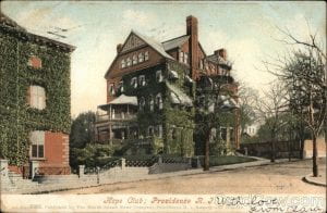 An old post card with an illustrated depiction of the Hope CLub, a red brick building with green ivy.
