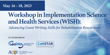 blue, light blue, and white star shape on the right side of image text in navy reads workshop in implementation science and health services. at top dates read may 16 - 18 - 2023. logos at bottom left are for learrn cohstar and aotf 
