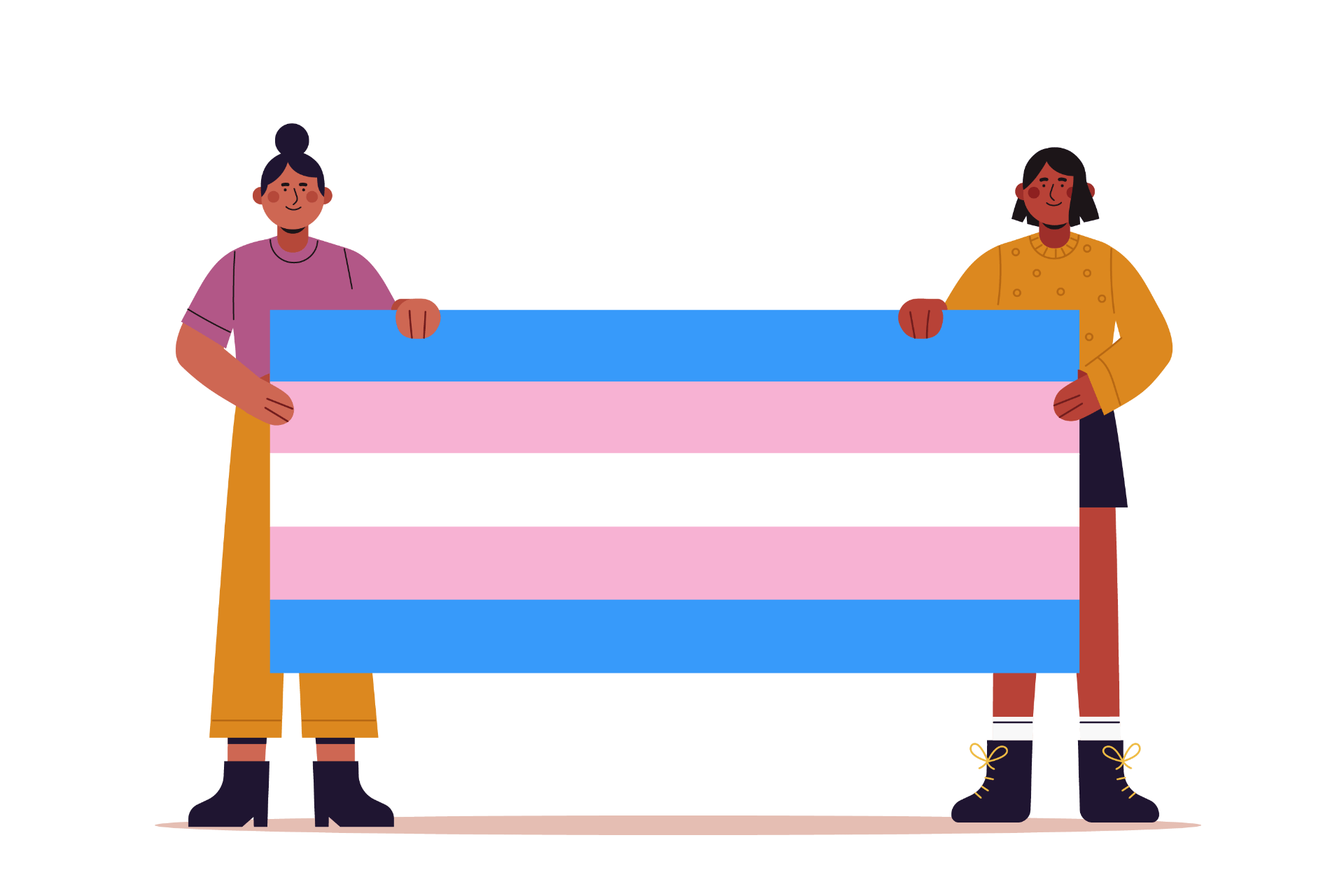 A vector illustration of two brown trans women/transfeminine people holding up a trans flag.