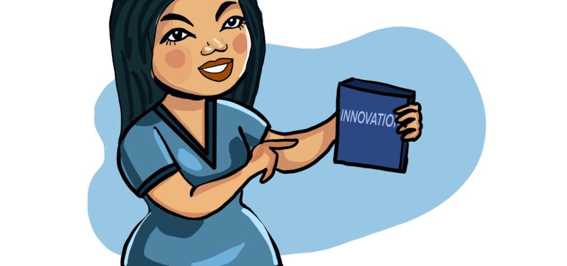 image of a woman dressed in scrubs holding a book with the word innovation on it