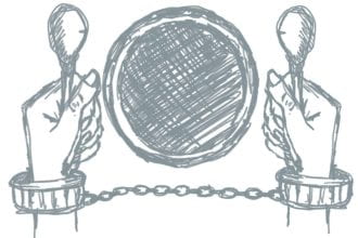 sketch of two hands in shackles holding utensils with a plate on a white background