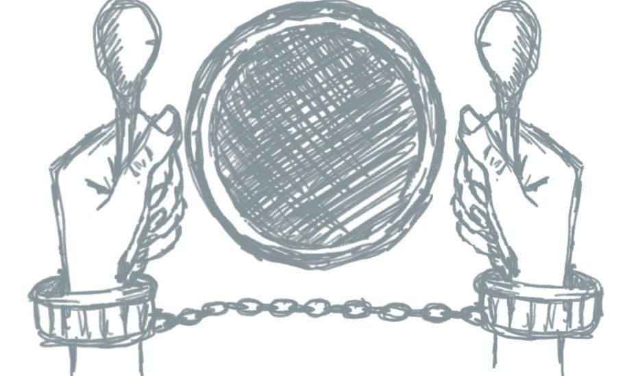 sketch of two hands in shackles holding utensils with a plate on a white background