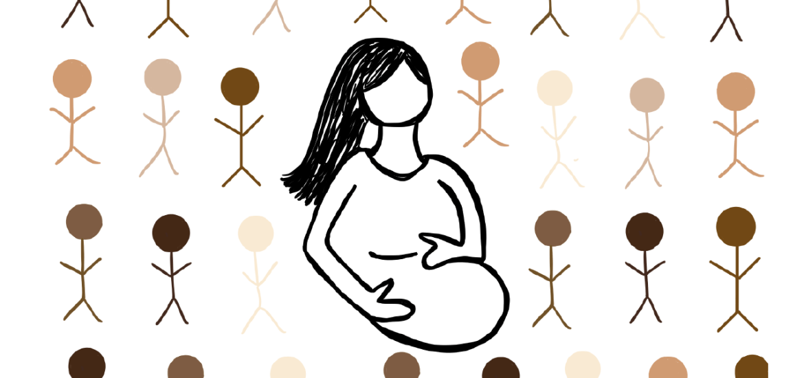 Drawing of a pregnant women on a white background with stick figure drawings on the background