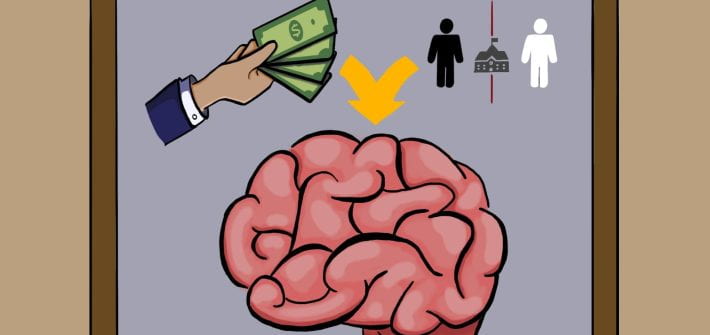 an image of a brain, a hand with cash and two figures (one in all black and the other in all white) with two arrows (one going from the hand and the other going from the figure) to the brain