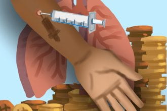 A hand with a syringe and coins in the background