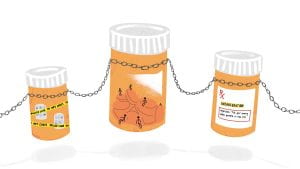 illustration of pill bottles with chains linking them 