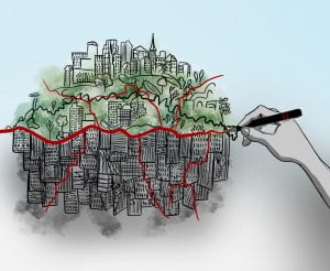 a drawing of a city with redlining 
