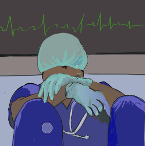 a drawing of a surgeon sitting down with head in his hands