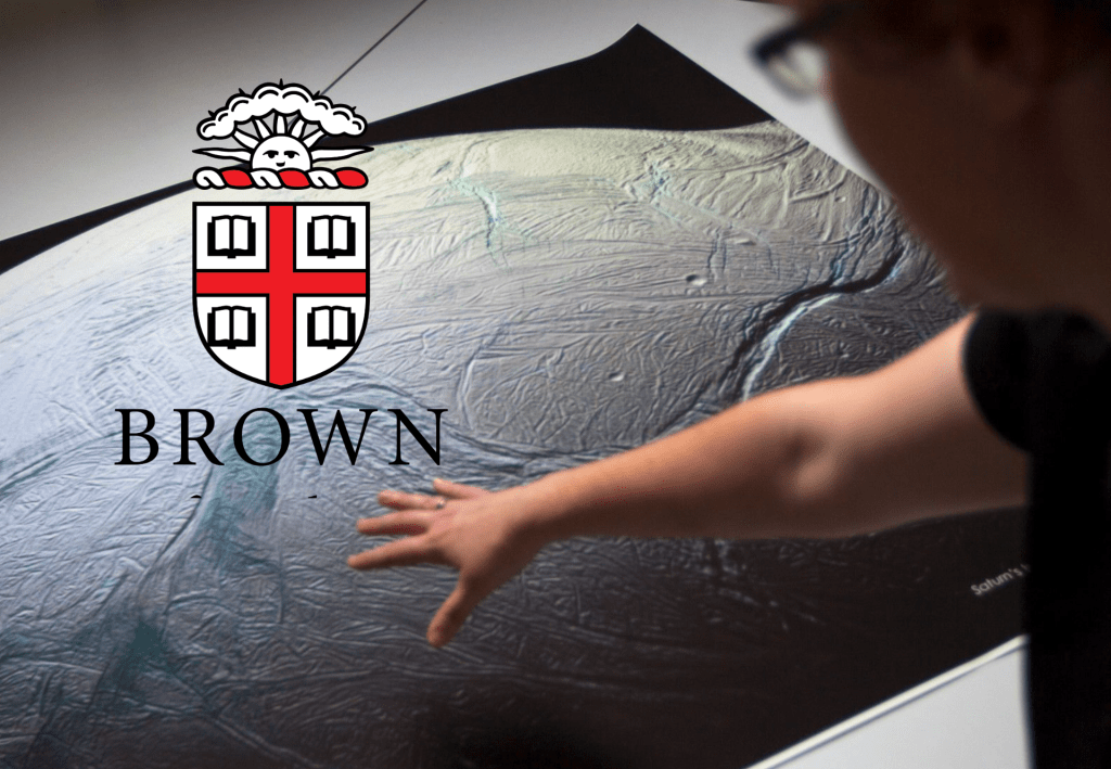 Brown University Logo over a photo of someone pointing at a scan of the moon.