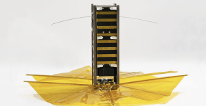 SBUDNIC, a bread-loaf-sized cube satellite with a drag sail made from Kapton polyimide film, designed and built by students at Brown was launched into space last May on a SpaceX rocket. Image courtesy of Marco Cross.