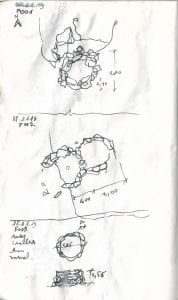 sketch plan of five small stone circular structures with handwritten notes and measurements