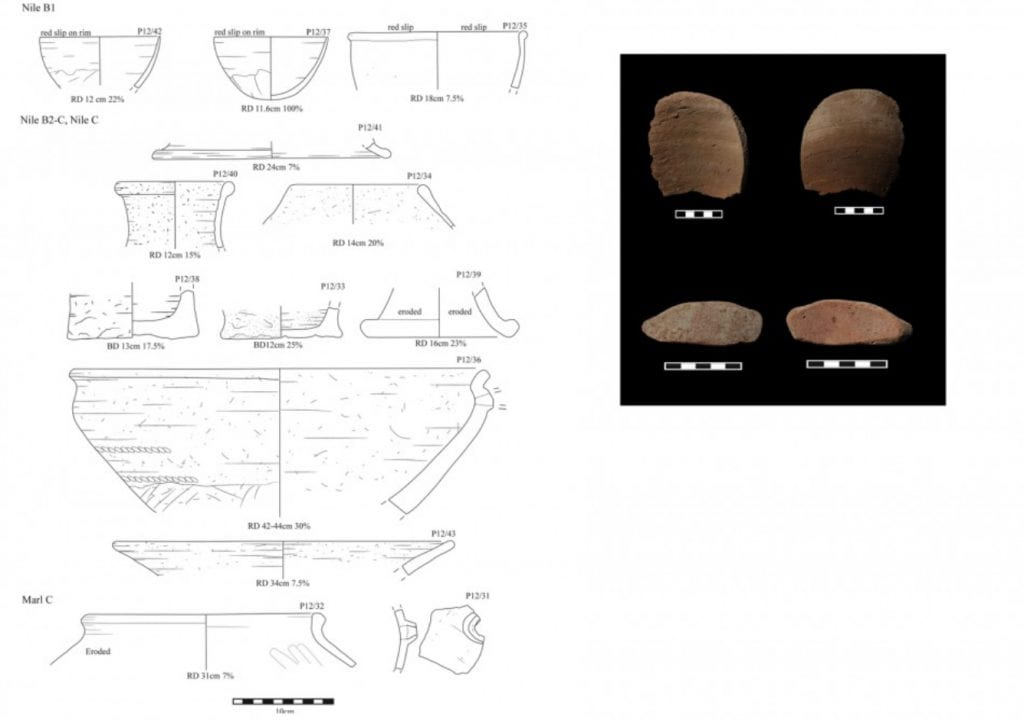schematic drawing of cross sections of ceramic sherds (left) and photo of other sherds (right)