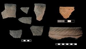 photo of pottery fragments of vessels with incised lines and burn marks