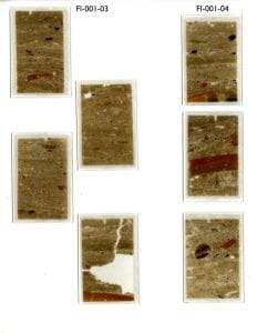 rectangular slides for for microscopic study showing very thin slices of stratified deposits with ceramic sherds cut in them