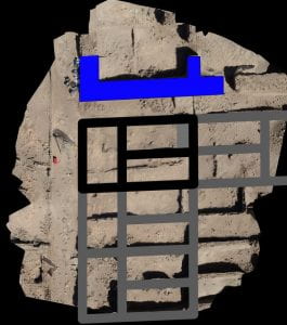 photogrammetry image of mudbrick buildings with schematic drawing of plan on top showing three-room houses